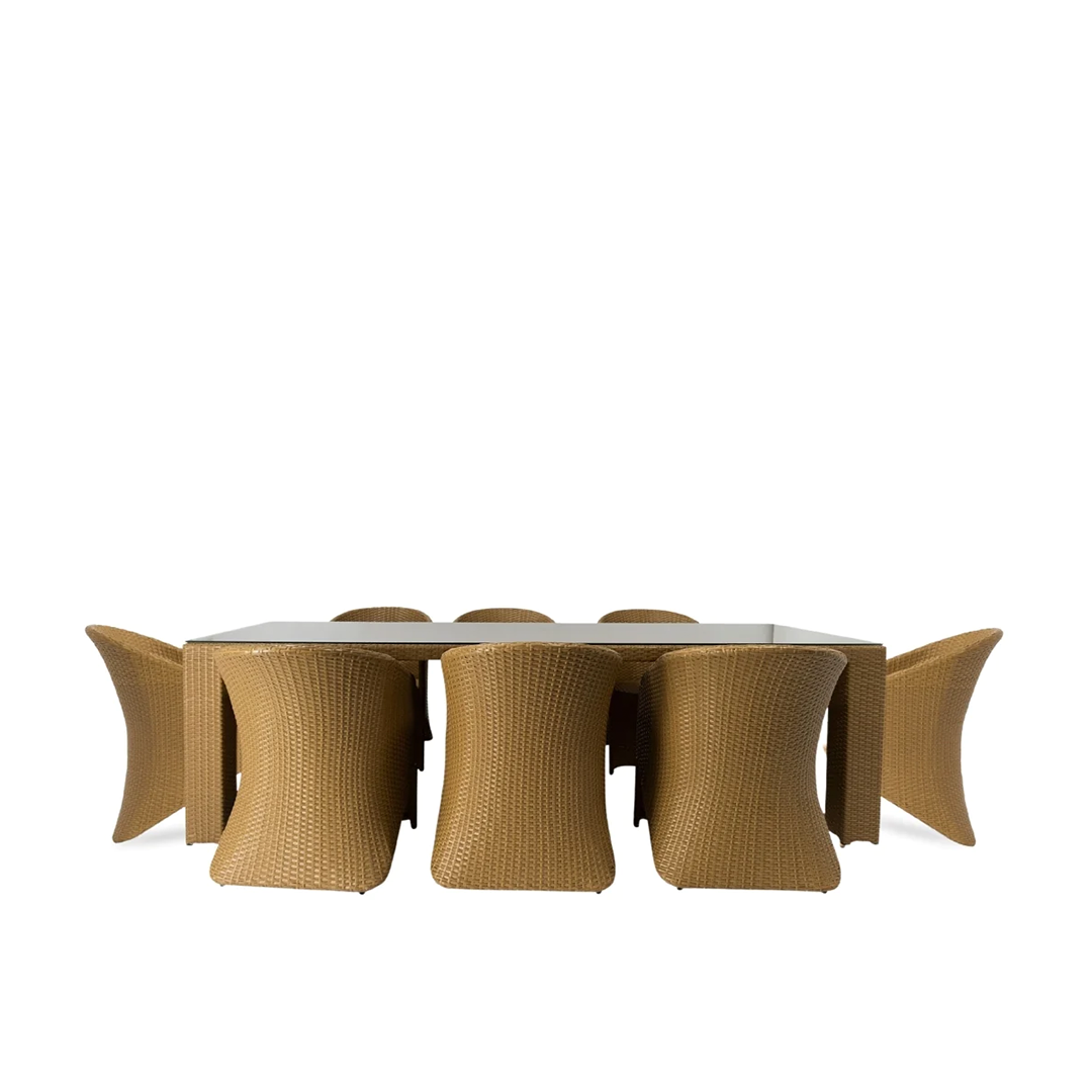 Outdoor Dining Set with Rectangle Glass Table and Rattan Chairs for eight