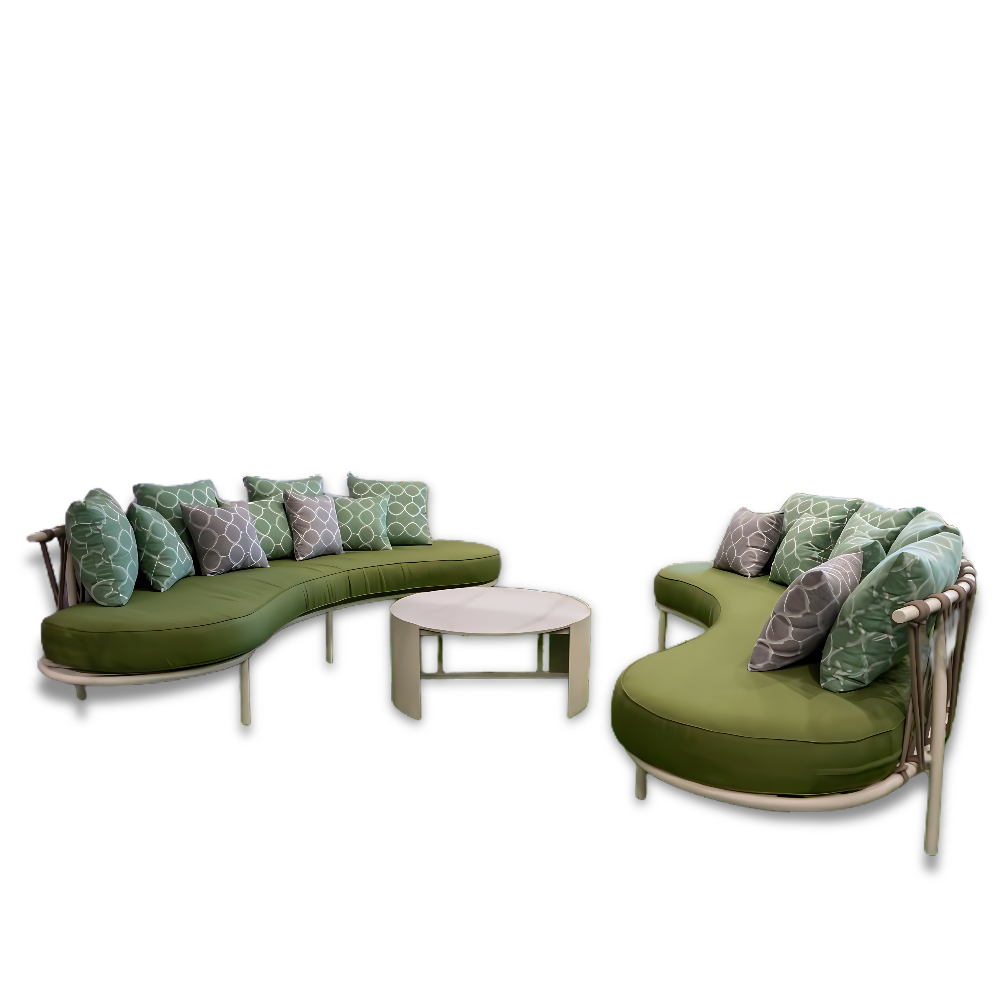 Wide Aluminum Outdoor Curved 1 Sofa Set with Marble Coffee Table in Green & White