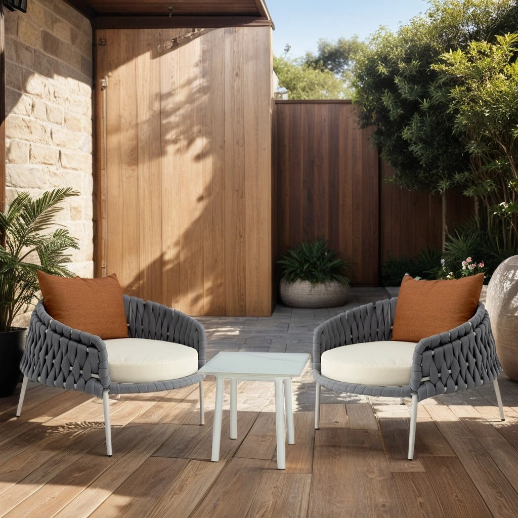 Set of Two Round Aluminium Webbing Chairs with table