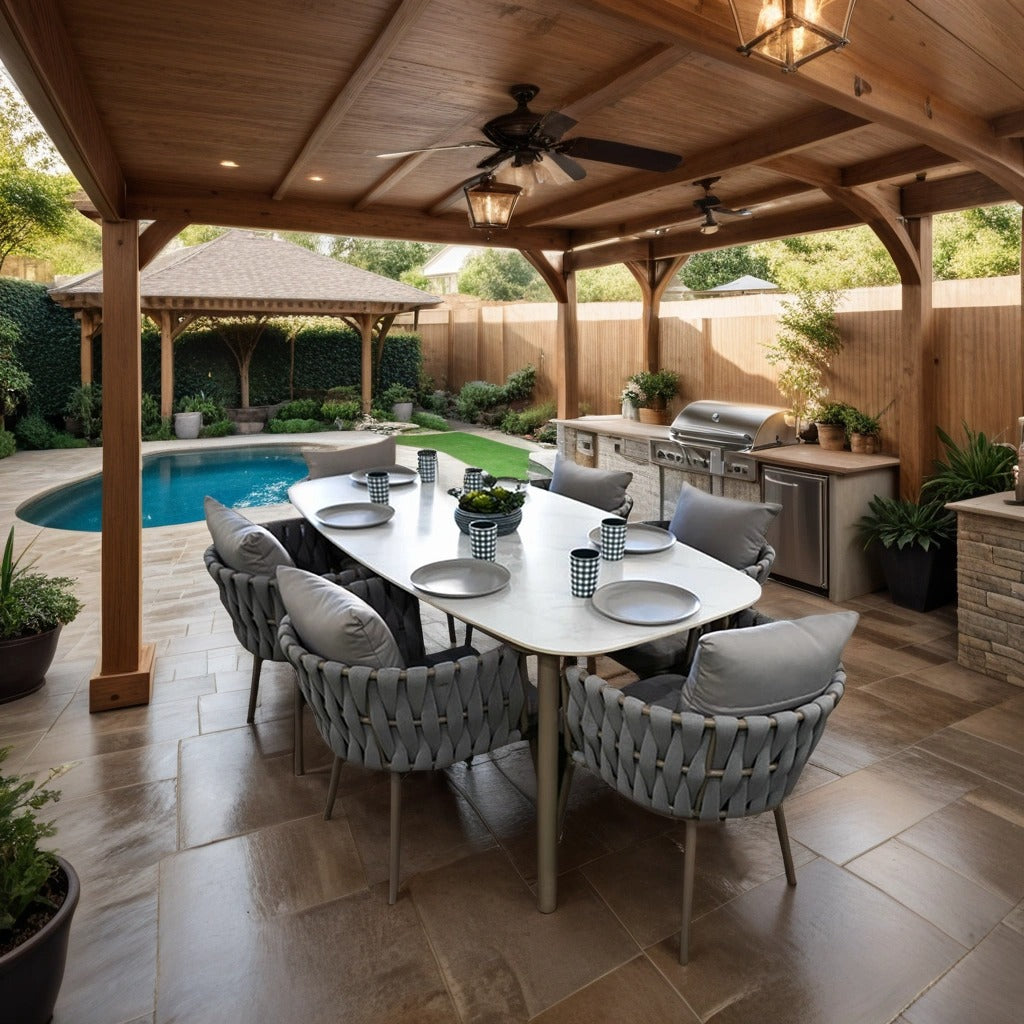 Outdoor Dining Set with Faux Marble Top & Aluminum Table and Rope Woven Chair