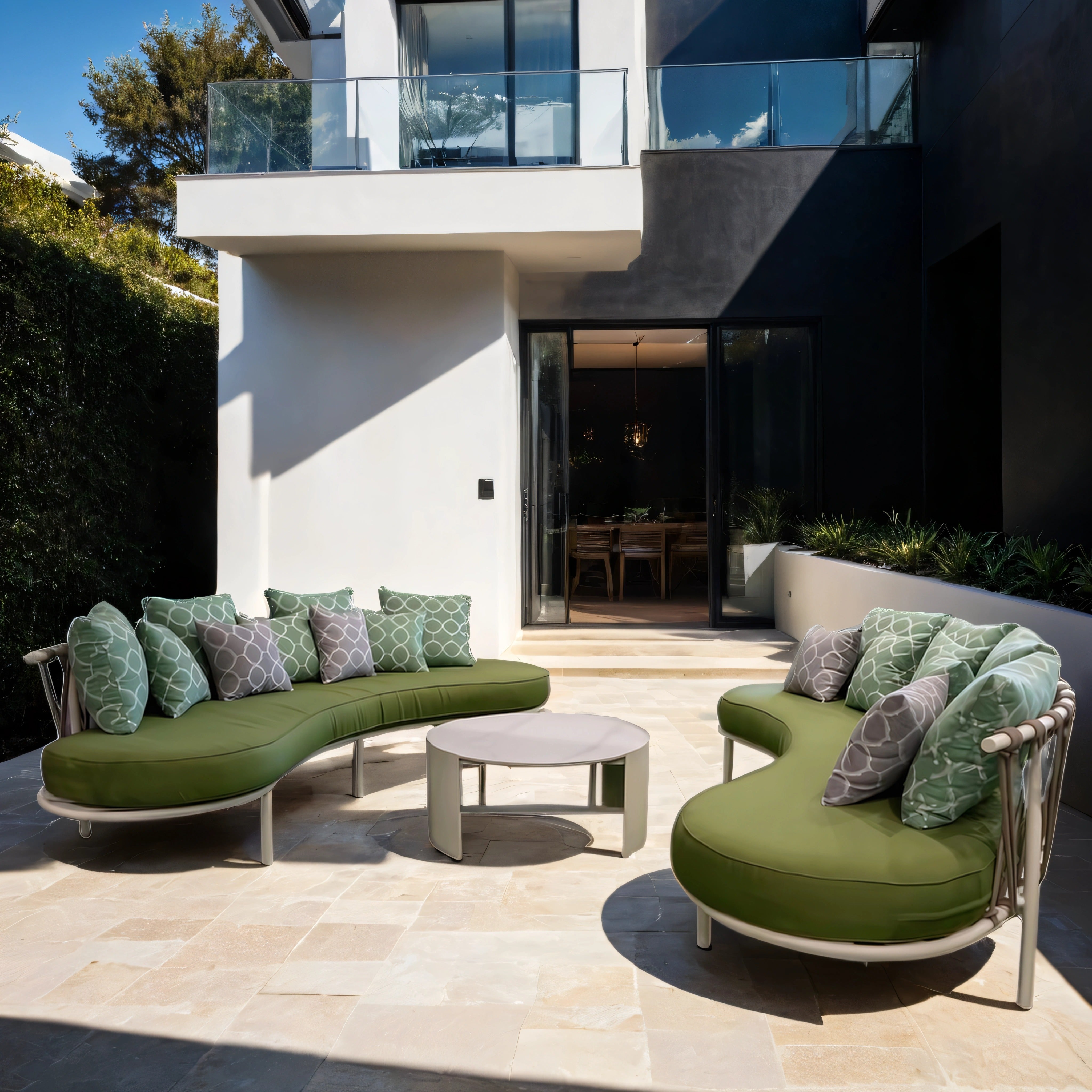 Wide Aluminum Outdoor Curved 1 Sofa Set with Marble Coffee Table in Green & White