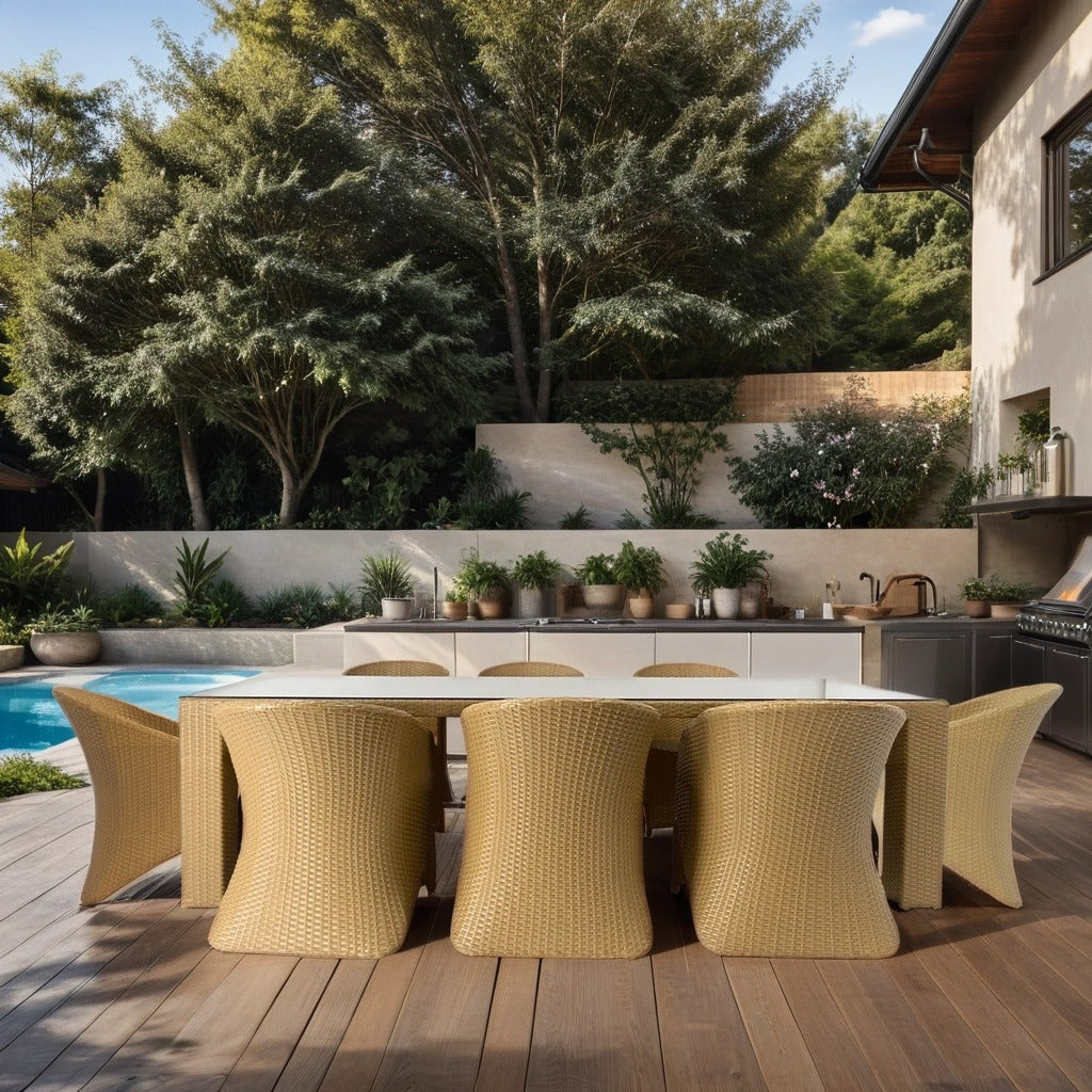 Outdoor Dining Set with Rectangle Glass Table and Rattan Chairs for eight