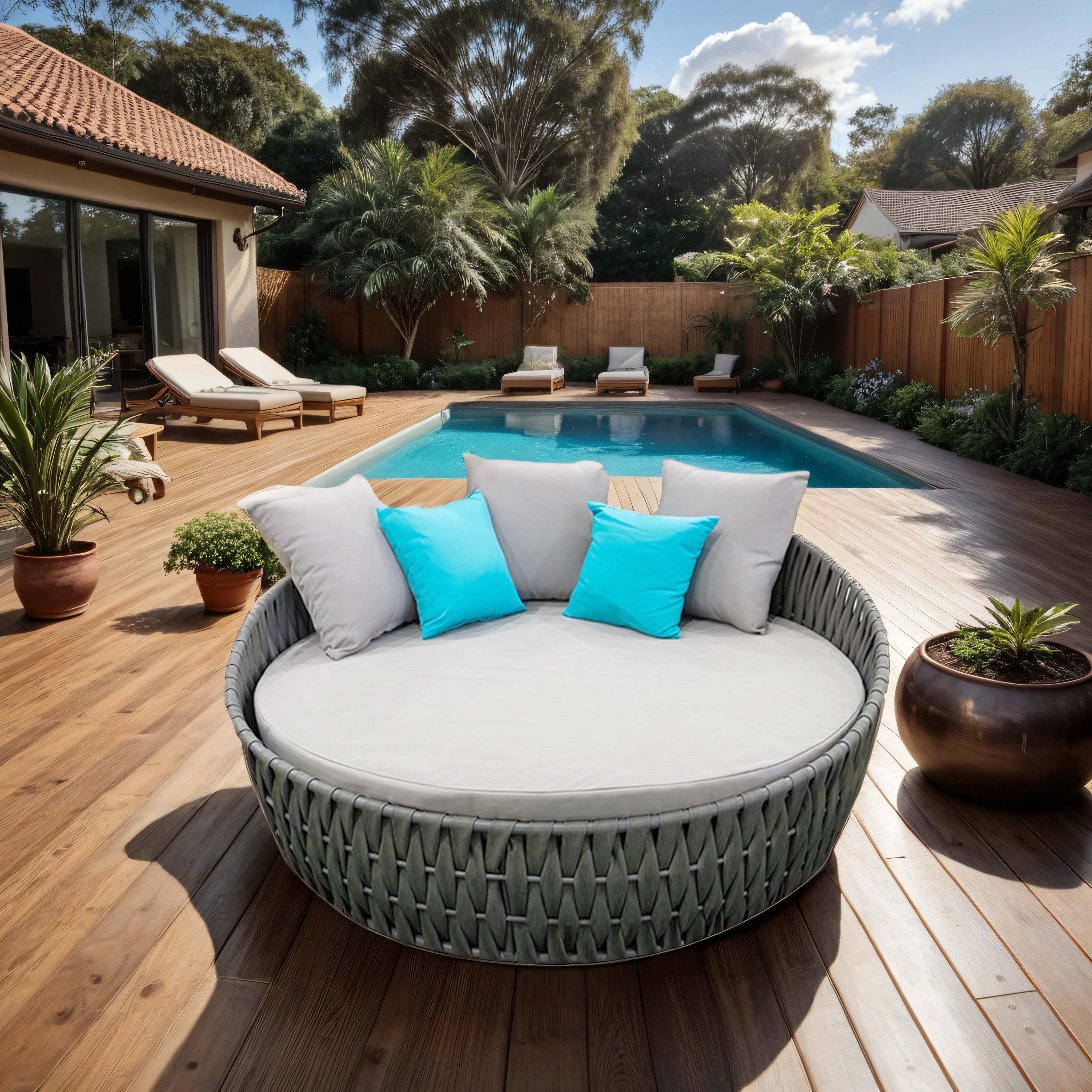 Round Grey Sunbed with Cushions