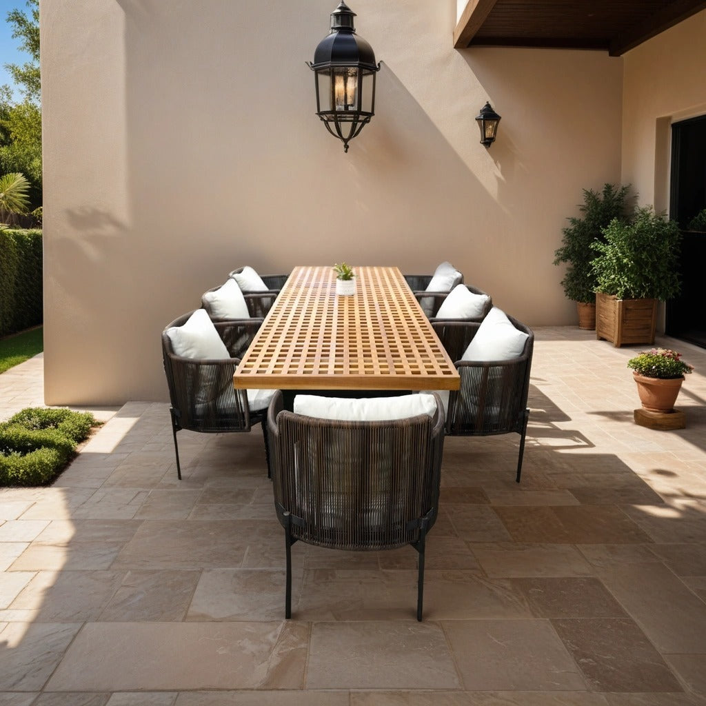 Outdoor Patio Dining Set with Rectangle Teak Table & Rattan Chairs