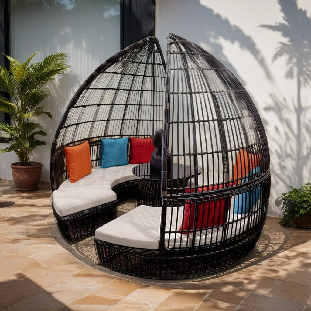 Black cabana set with glass table and cushions