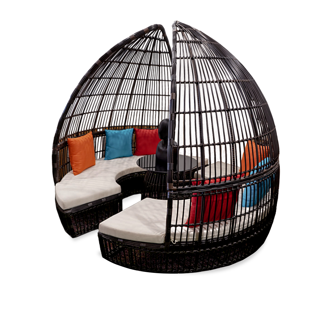 Black cabana set with glass table and cushions