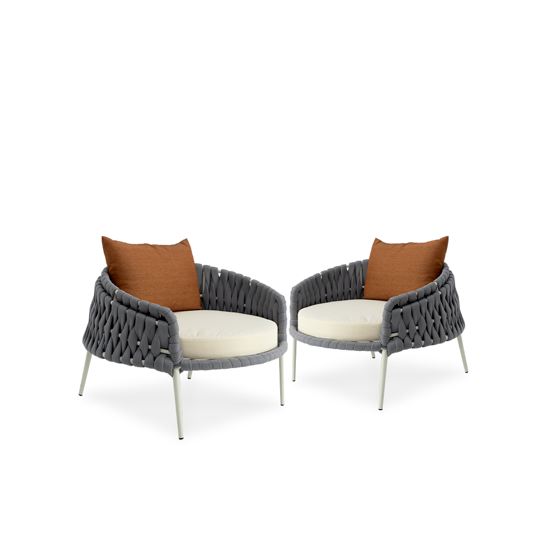 Set of Two Round Aluminium Webbing Chairs with table