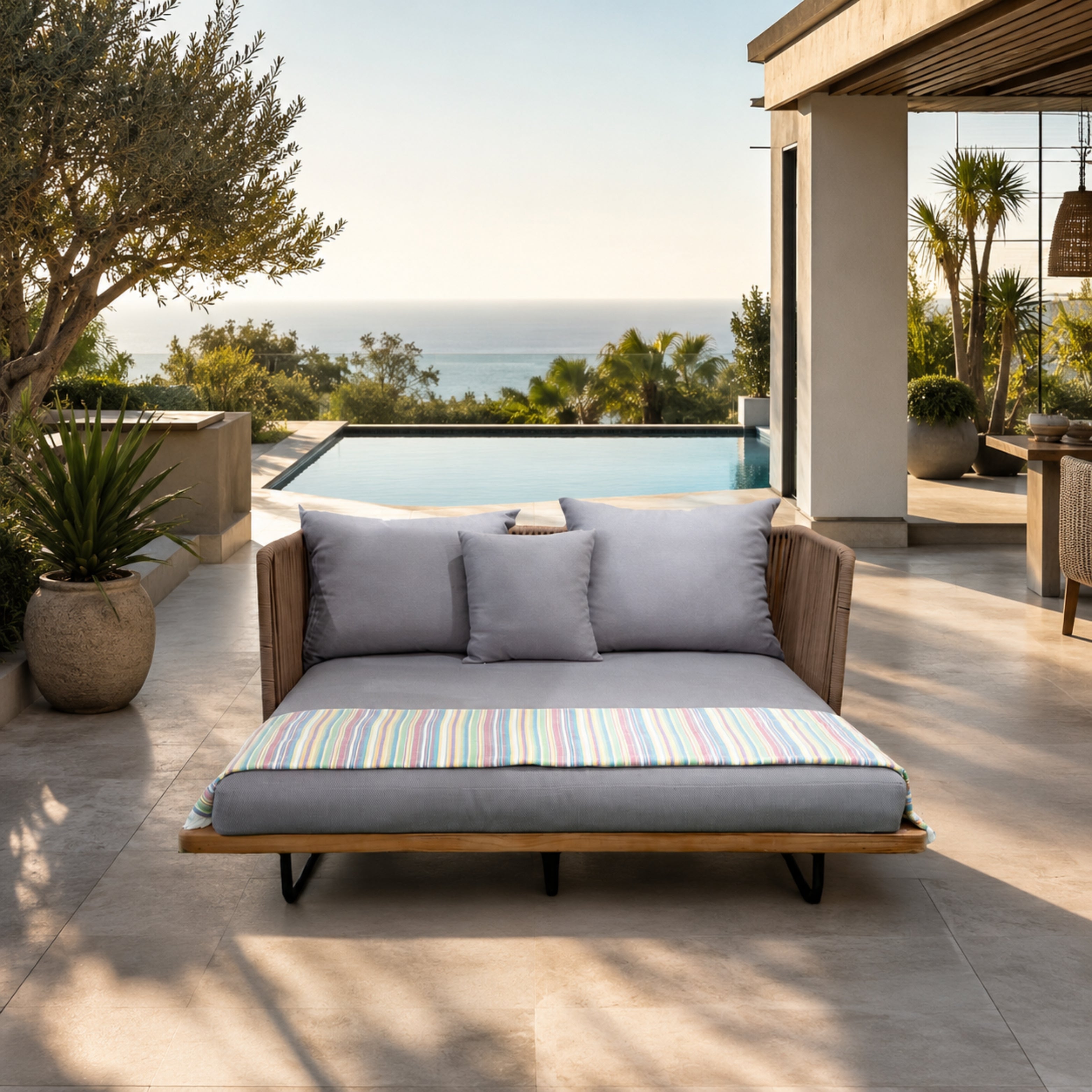 Grey Daybed with Aluminum, Wood, and Rope