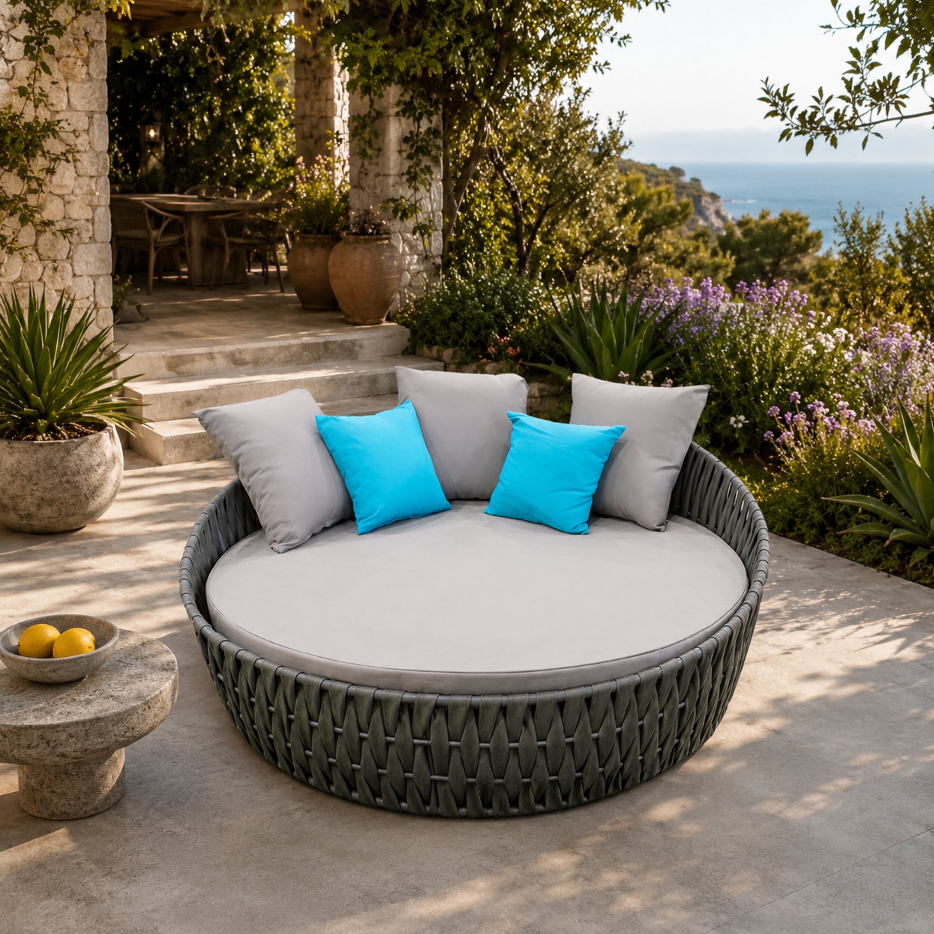Round Grey Outdoor Sunbed with Cushions