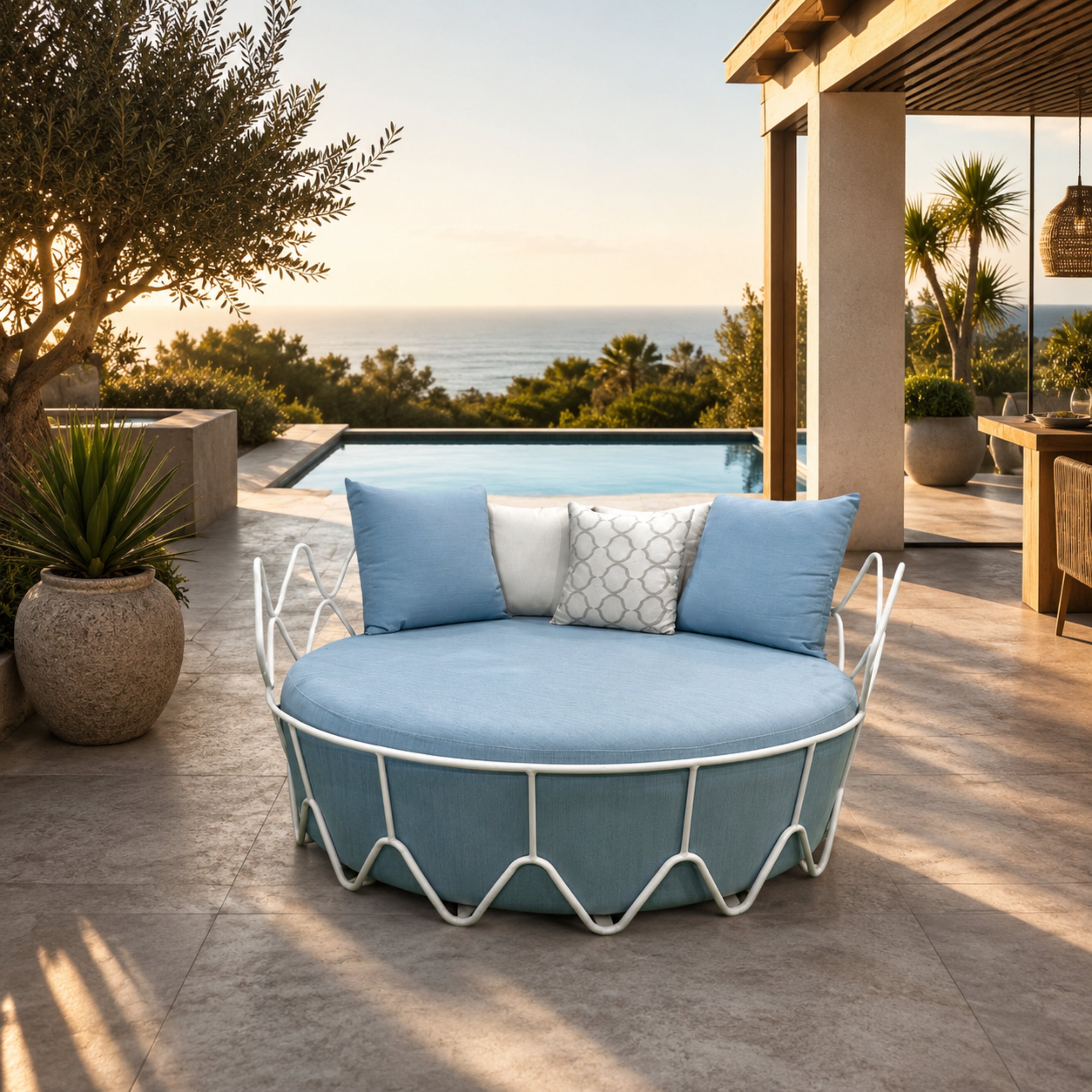 Outdoor Circular Blue Daybed with Cushions