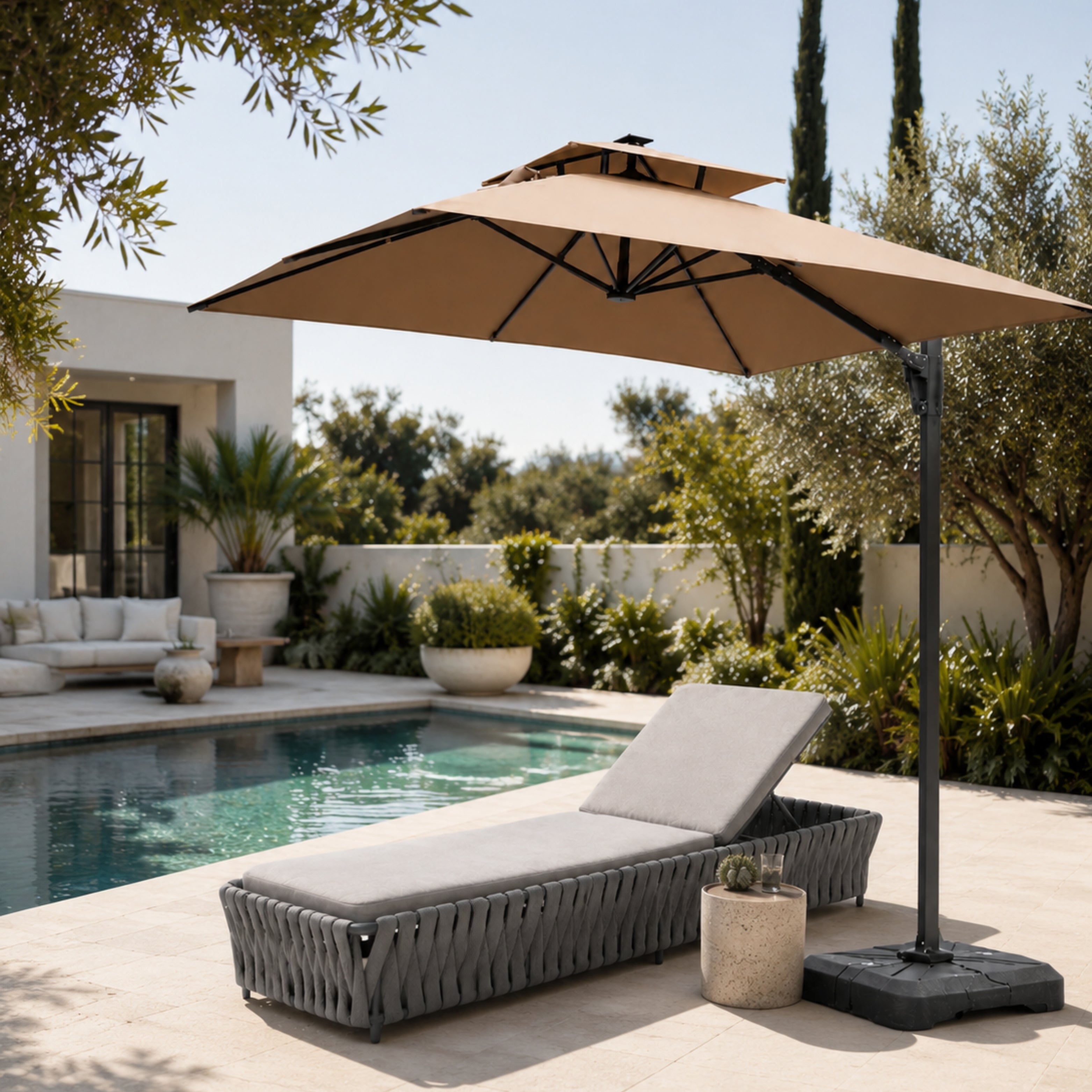 Square Double Top Cantilever TiltIng Umbrella With Base And 360°Rotati – Backyard Paradise