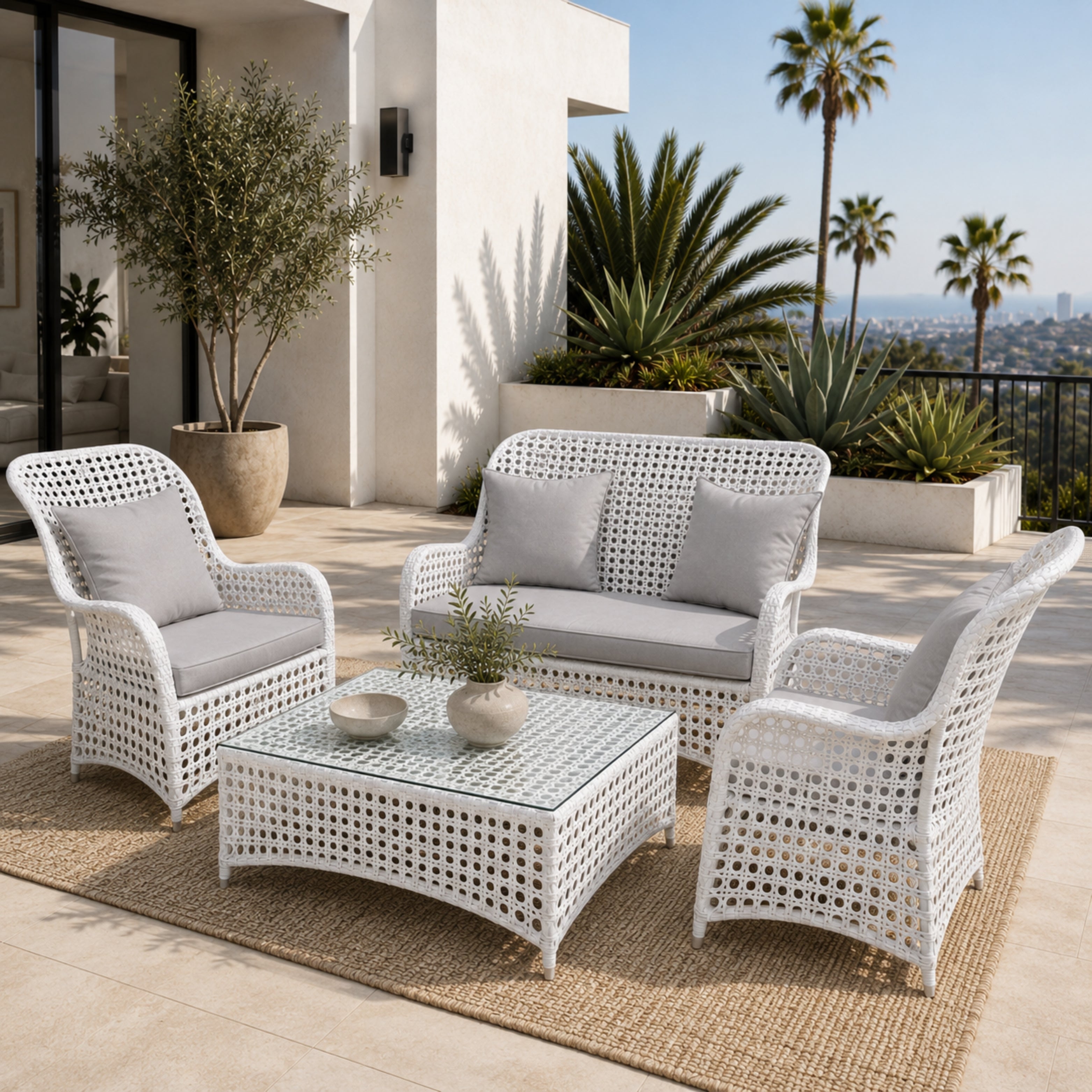 White rattan lounge set