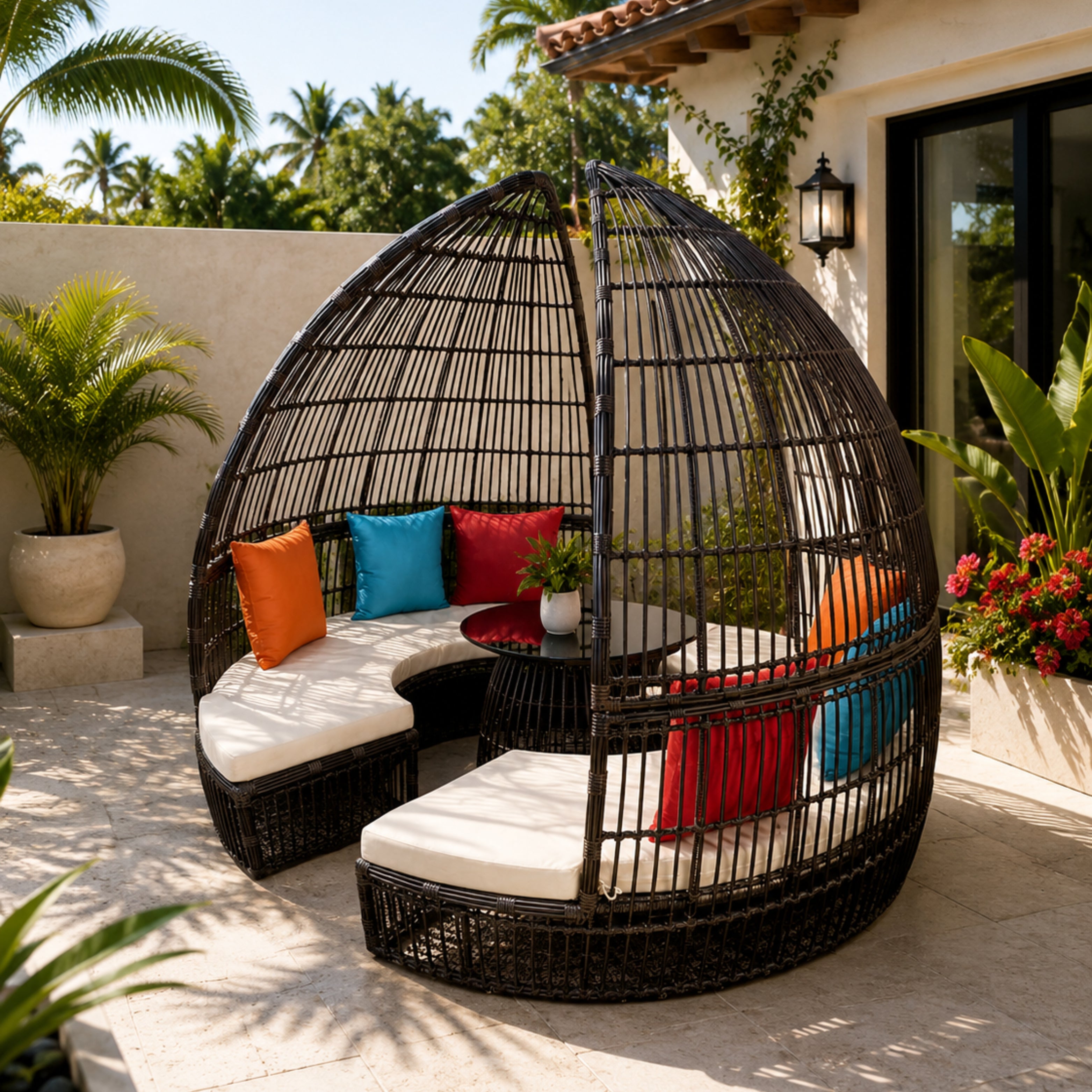 Black cabana set with glass table and cushions