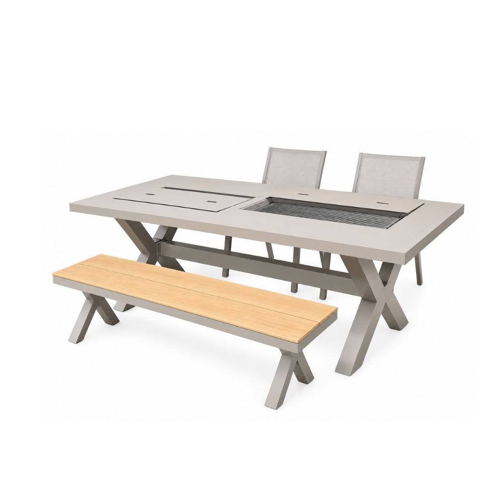 Charcoal BBQ Table crafted in aluminum with 2 long chairs and 2 chairs