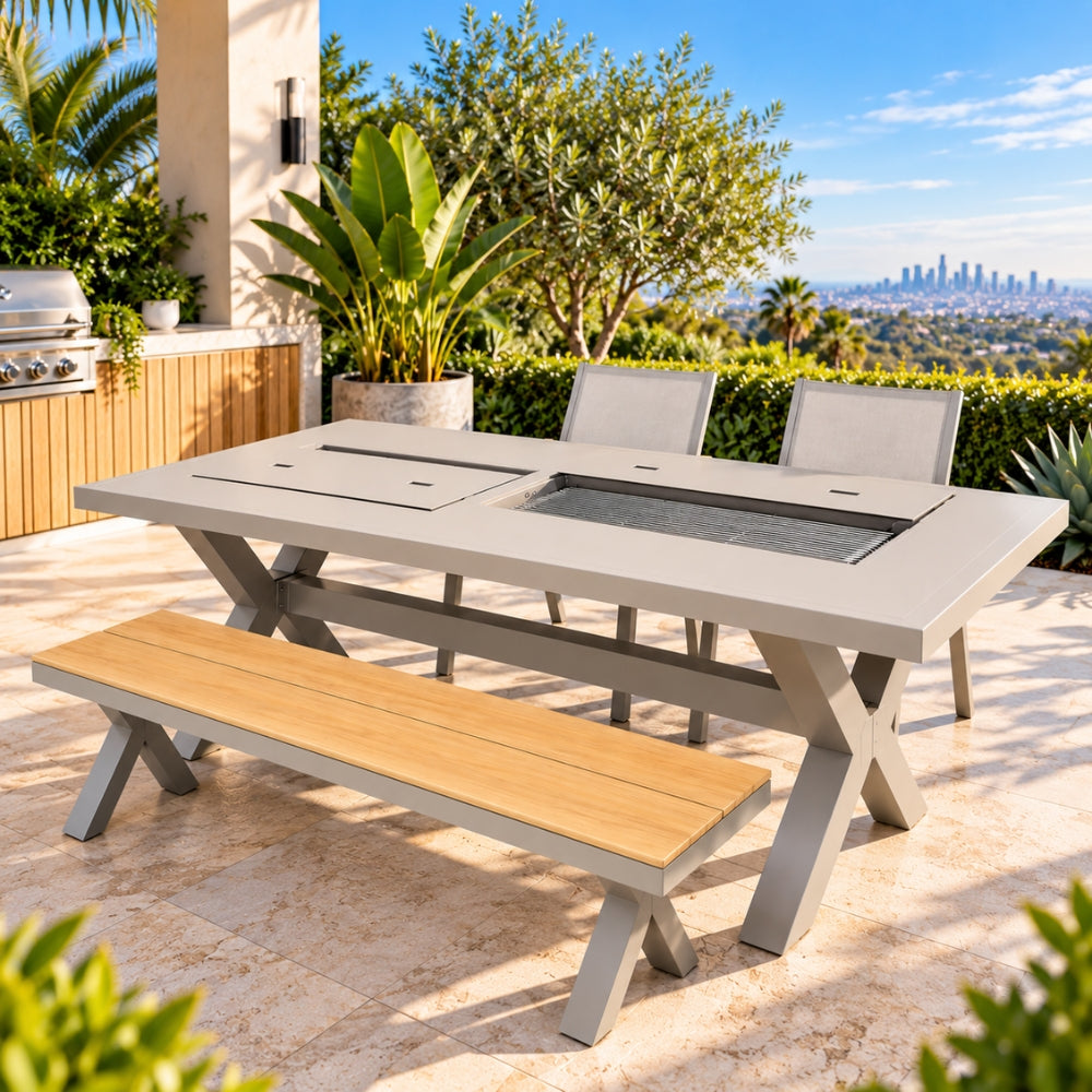Charcoal BBQ Table crafted in aluminum with 2 long chairs and 2 chairs