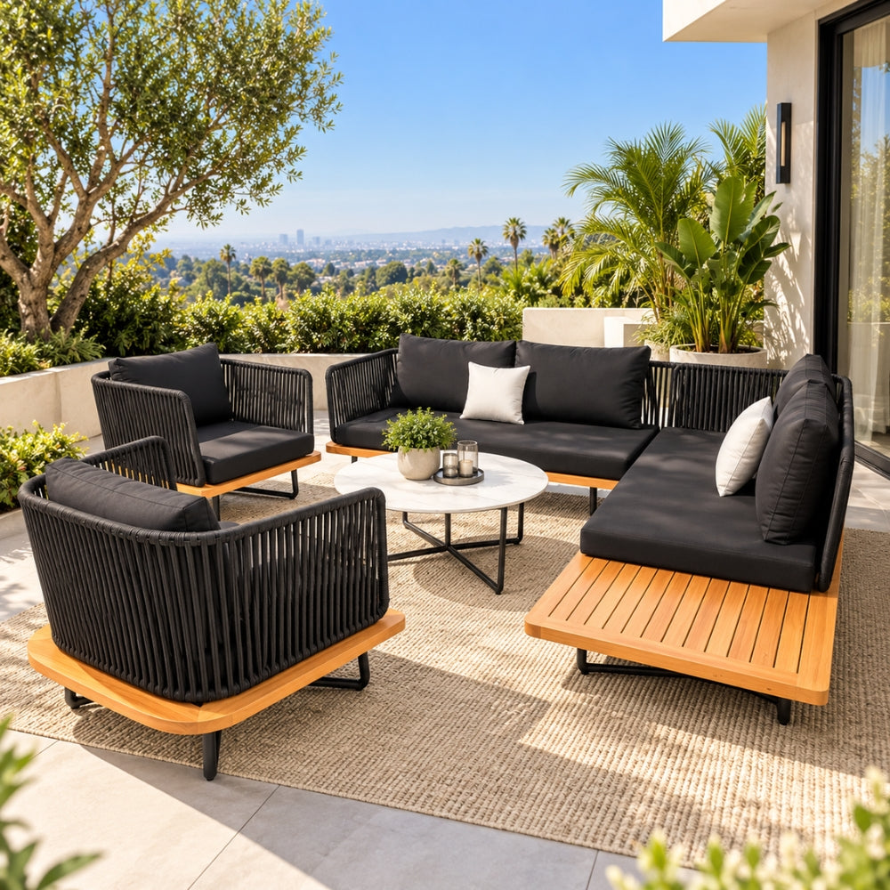 Teak & Black Rope Patio Sectional sofa set with white table