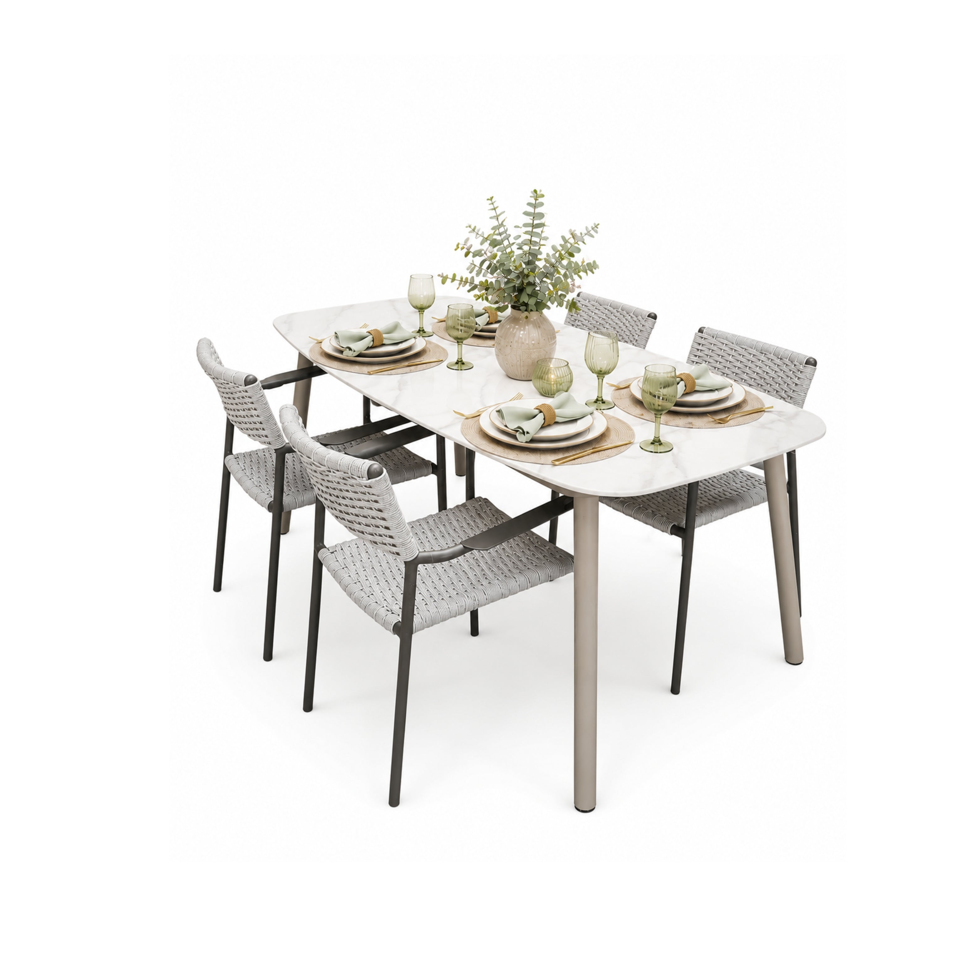 Outdoor Dining Set with Faux Marble Top & Aluminum Table and Rope Woven Chair