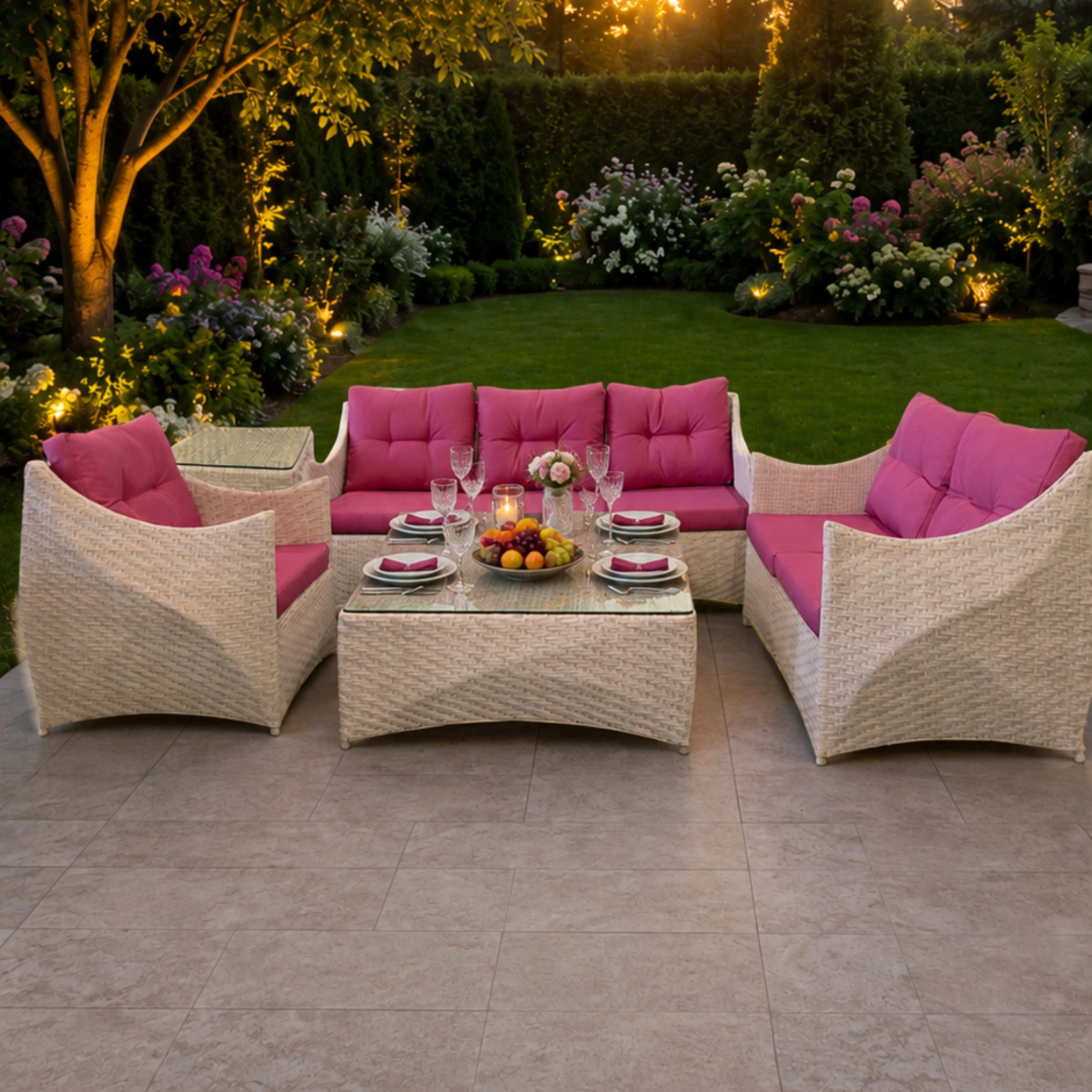 Pink and white rattan lounge set with two tables