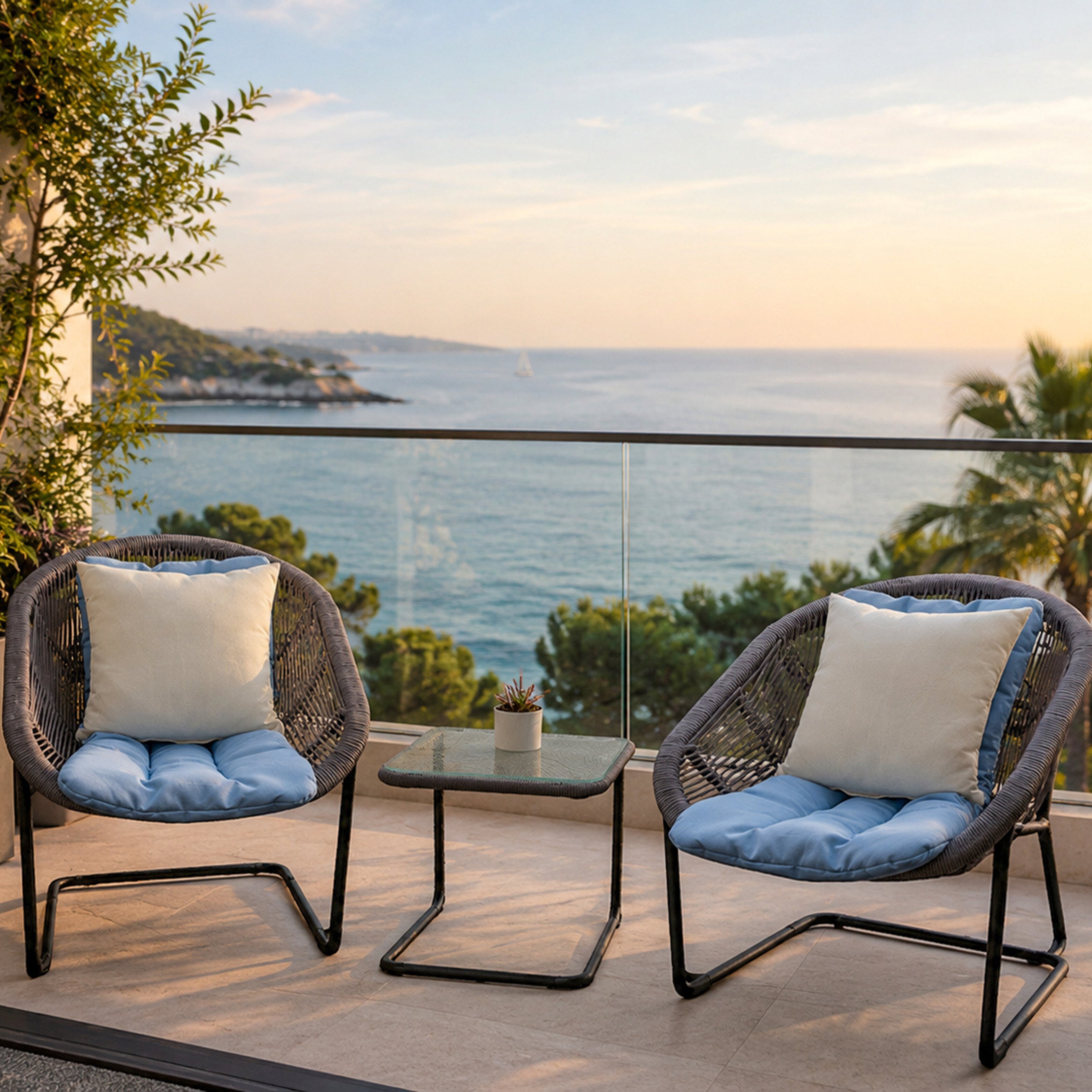 Blue Chairs & Glass-Top Table Set