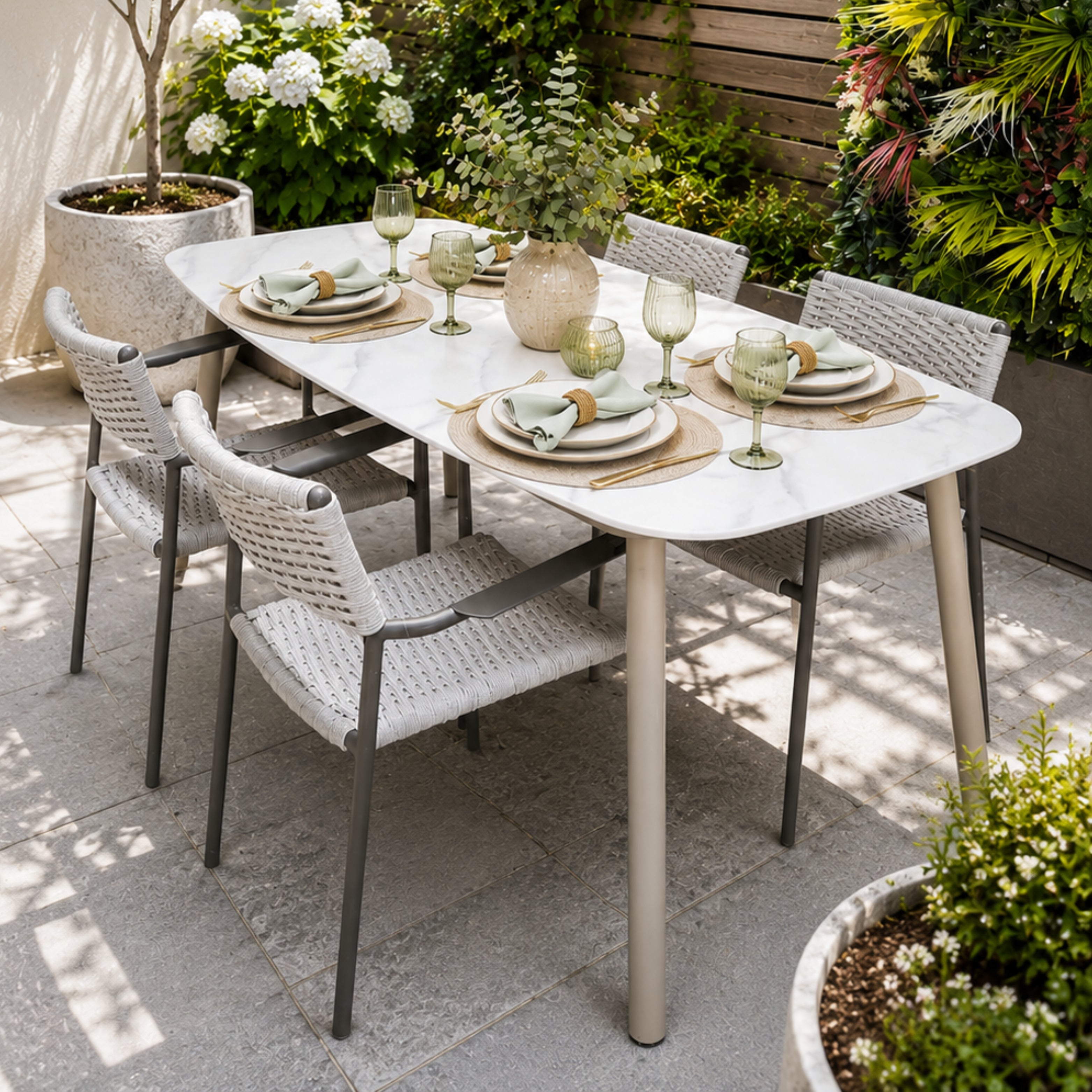 Outdoor Dining Set with Faux Marble Top & Aluminum Table and Rope Woven Chair