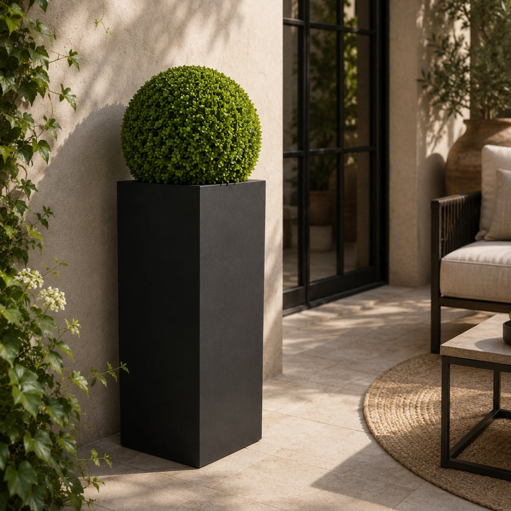 Artificial Aglaia Boxwood Ball in a Medium Black Tin Planter