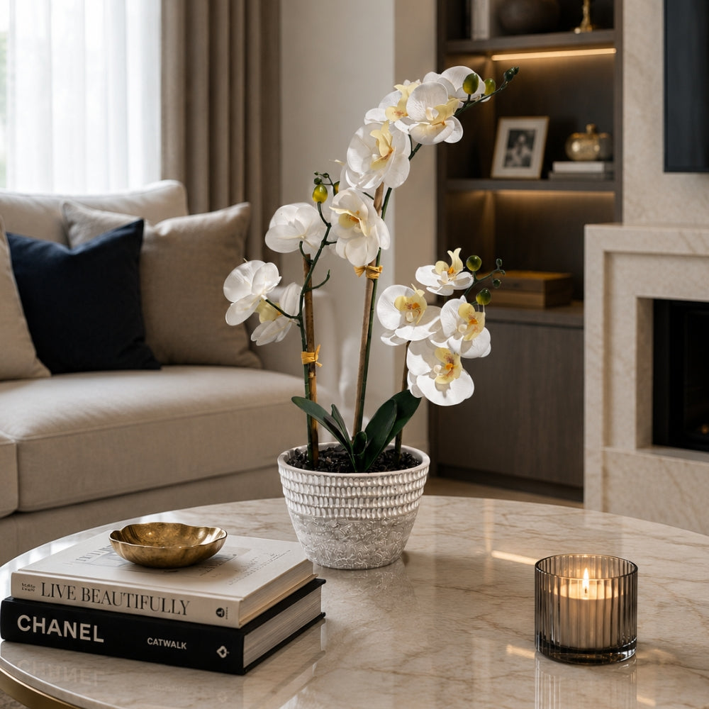White Fake Orchids Flowers in Pot Bendable Faux Orchids Artificial Flowers Washable Silk Orchid Phalaenopsis Decor for Home Wedding Table Centerpiece Bathroom Office