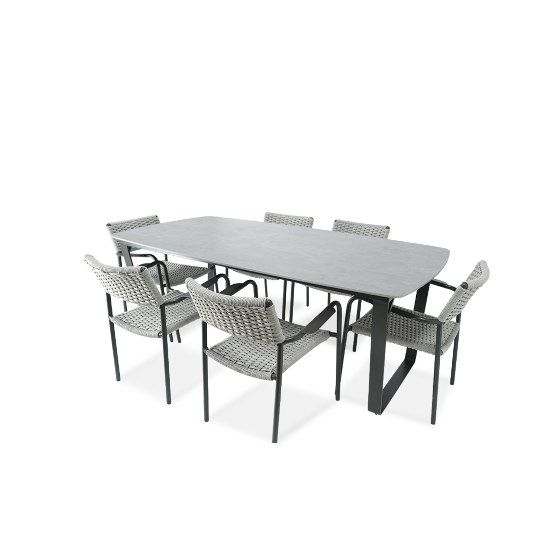 Aluminium Outdoor Gray Dining Set with Marble Top Table and Woven Armchair