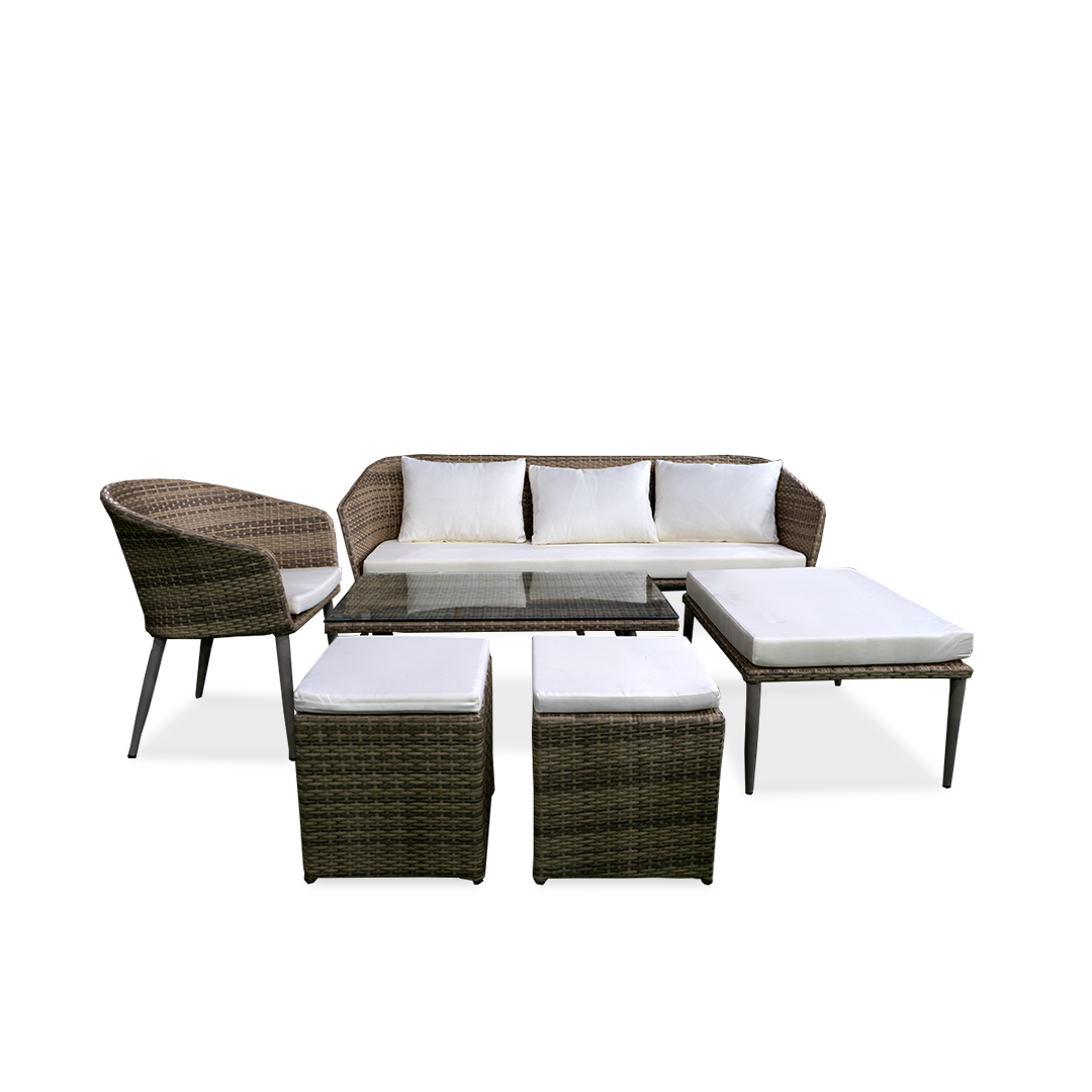 White lounge set with table and ottomans