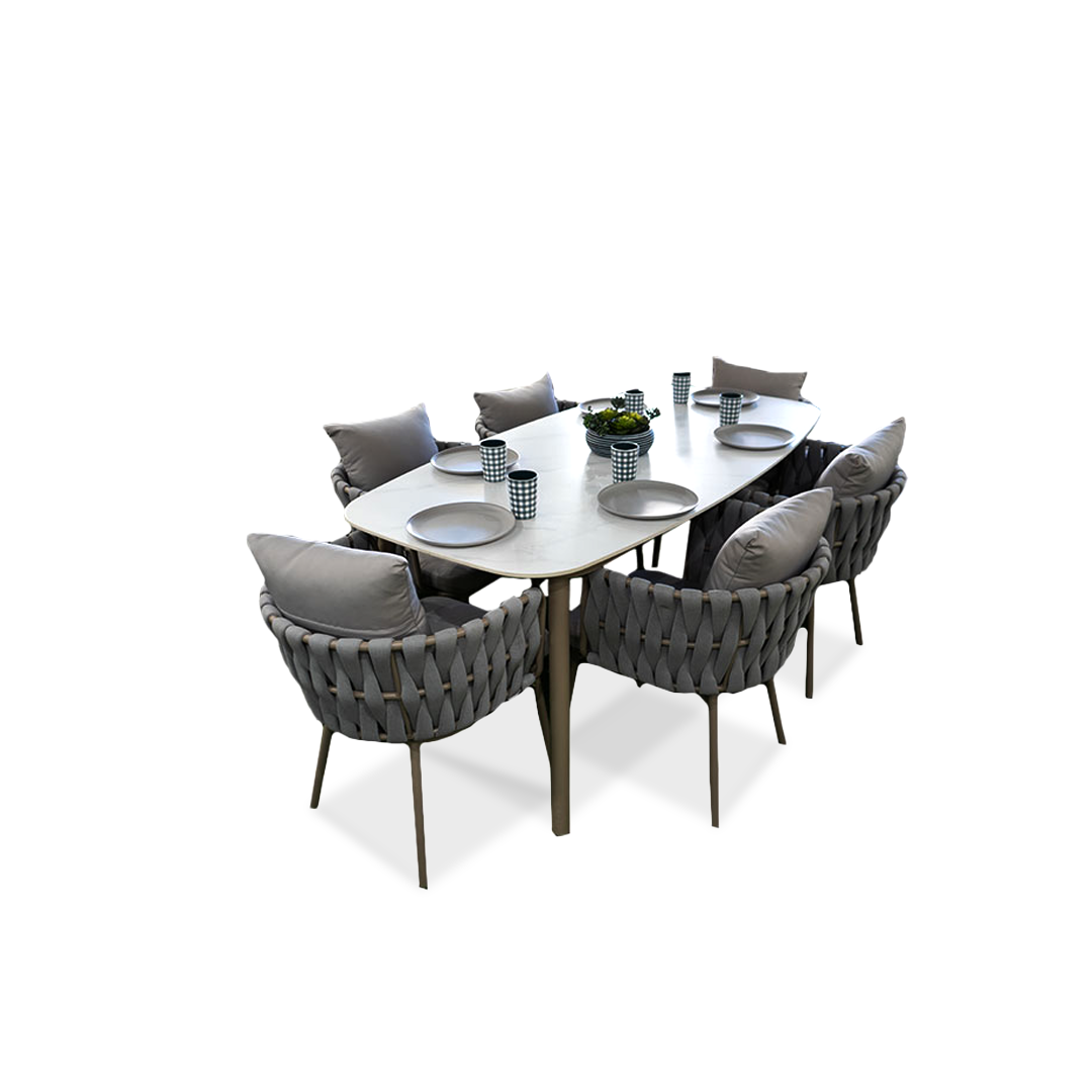 Outdoor Dining Set with Faux Marble Top & Aluminum Table and Rope Woven Chair
